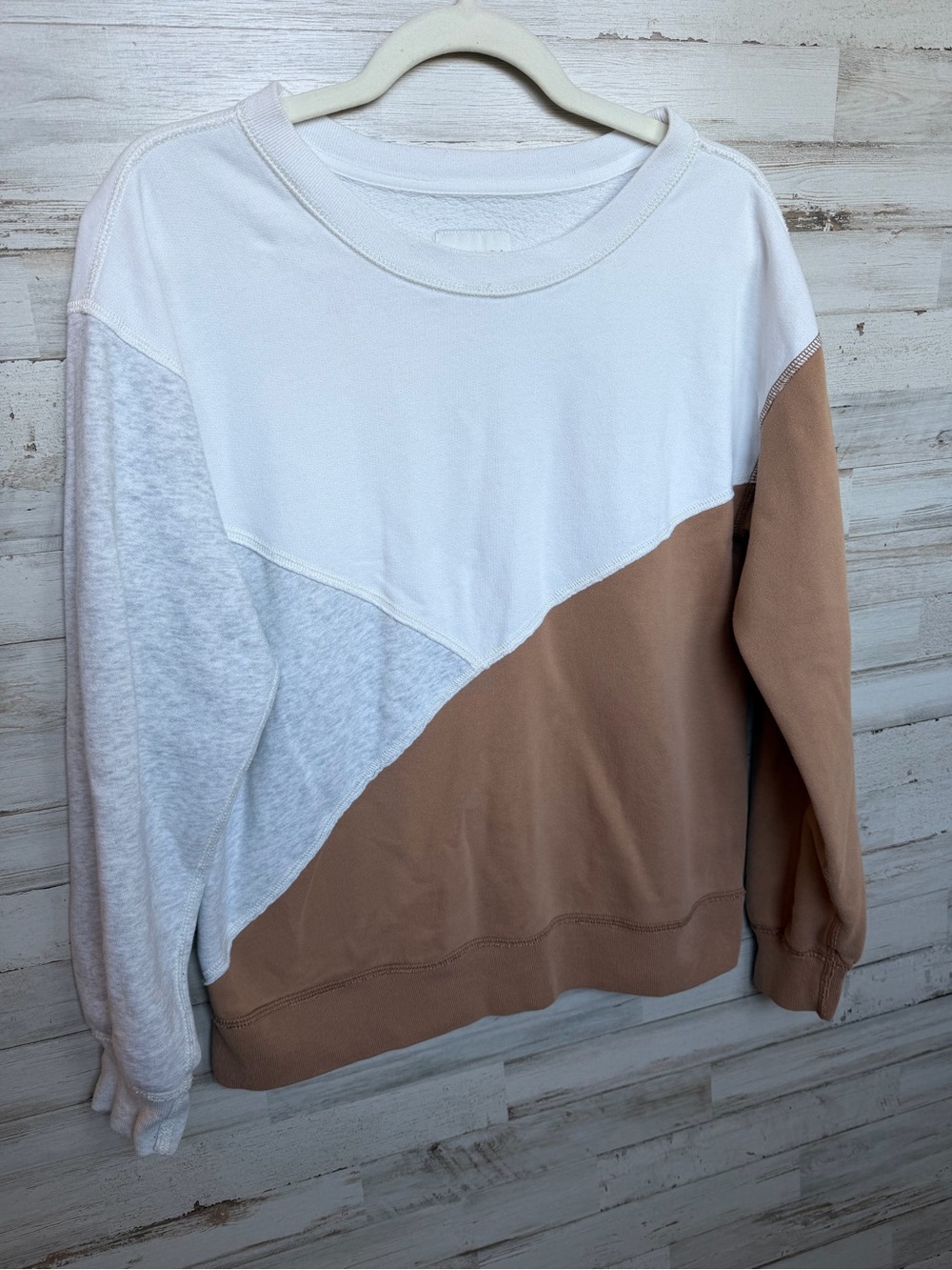 Abercrombie & Fitch Tri-Tone Crewneck Sweater in White, Light Gray & Brown